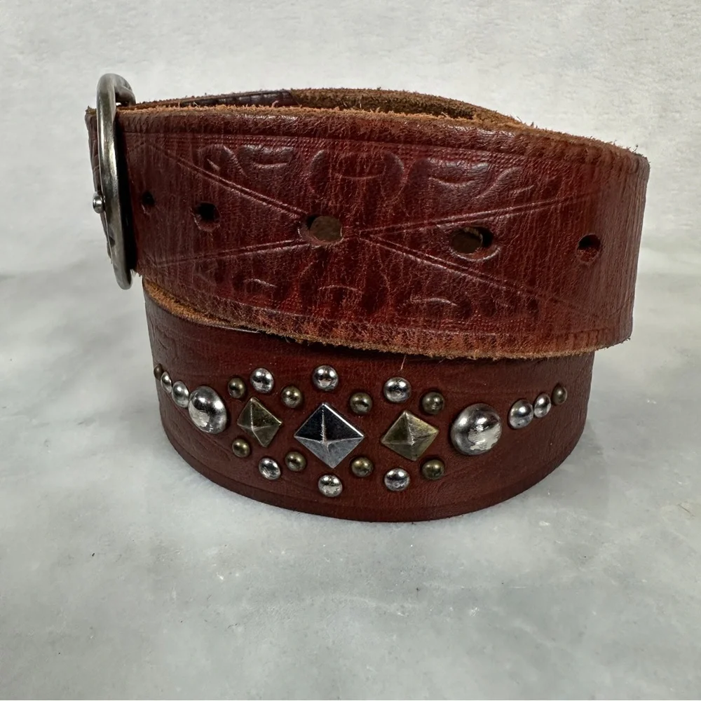 Brown Leather Studded Belt‎ boho bohemian silver biker western southwest